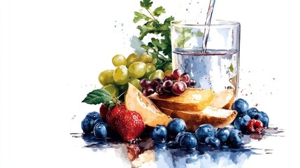 Vegan Christmas Tree made of Fruit and Vegetables on Pastel Watercolor Background