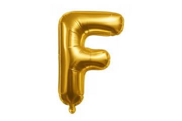 Metallic golden foil letter f floating, gleaming with celebratory shine on transparent backdrop, highlighting festive design element