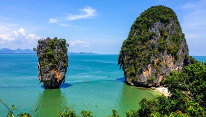 Obraz premium A serene seascape showcasing towering rock formations emerging from the turquoise ocean under a vibrant sky. A beautiful scene that captures the natural beauty of the environment