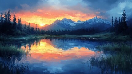 Sunset Mountain Lake Reflection