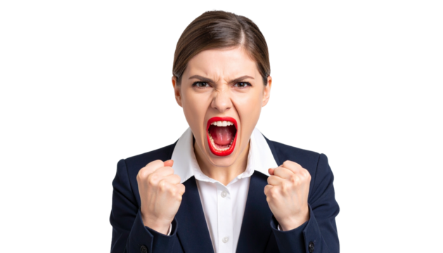 A portrait of an angry woman expressing strong negative emotions with a powerful scream. She is clenching her fists and baring her teeth