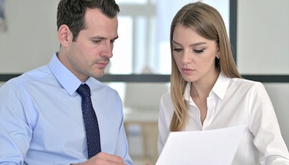 Obraz premium Two people, a man and a woman, reviewing a document together in a professional setting. They both appear focused and engaged