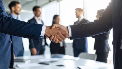 Successful business partnership and handshake in a modern office
