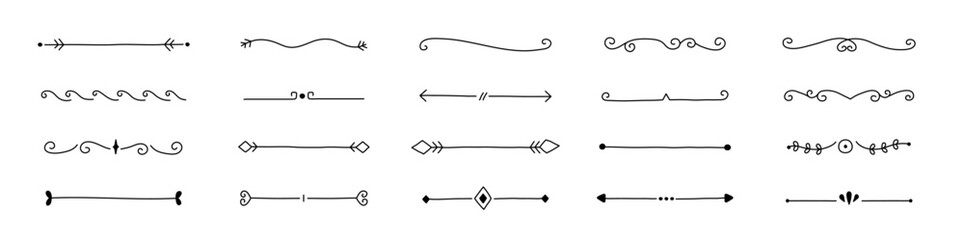 Divider decorative outline line art elements set created with flourishes, swirls and vintage lines for text separation, underline and your design projects