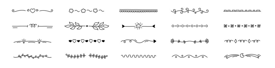 Divider decorative outline line art elements set created with flourishes, swirls and vintage lines for text separation, underline and your design projects