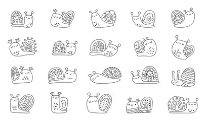 Snail character outline line art set created with inspiration for animal themed decorations, charming cartoon elements and hand drawn illustration and design projects