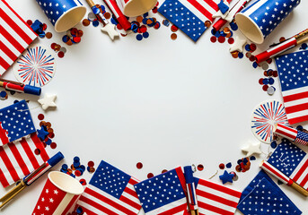 Obraz premium Patriotic themed party supplies and decorations arranged on a white surface creating a festive border