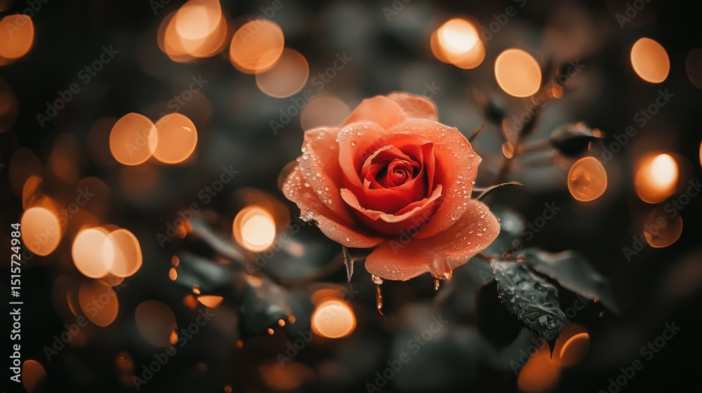 Poster macro shot of a vibrant orange rose with water droplets, with soft bokeh lights in the background ad