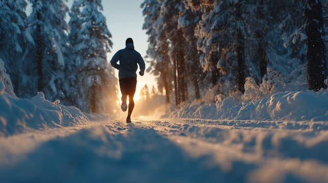 Athlete jogging through serene snowy forest during winter with golden sunlight filtering through trees