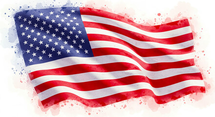 Fototapeta premium Watercolor illustration of a waving american flag with red stripes and white stars on a blue field