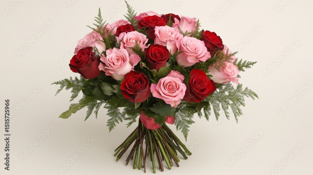 Poster soft pink and red roses arranged in a bouquet on a light background, with delicate greenery to creat