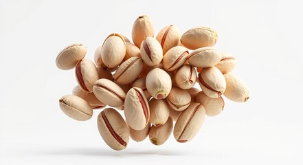 A pile of pistachios on white background in macro photography with vibrant colors and sharp focus.