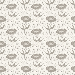 Seamless Wildflowers Vector Gray Beige Pattern. Floral Monochrome Background with Flowers, Leaves, Berry Branches. Beautiful Ditsy Floral Print for Spring, Summer, Autumn Nature Vintage Wallpaper