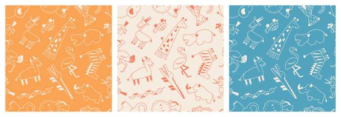 Vector Set of Doodle Safari Animals Hand Drawn Seamless Patterns