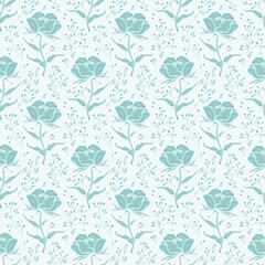 Seamless Wildflowers Vector Turquoise Pattern. Floral Monochrome Background with Flowers, Leaves, Berry Branches. Beautiful Ditsy Floral Print for Spring, Summer, Autumn Nature Vintage Wallpaper