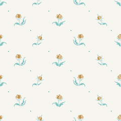 Ditsy Floral Print Seamless Pattern Vector. Floral Background with Yellow Beautiful Flowers with Turquoise Leaves. Spring, Summer, Autumn Nature Vintage Wallpaper