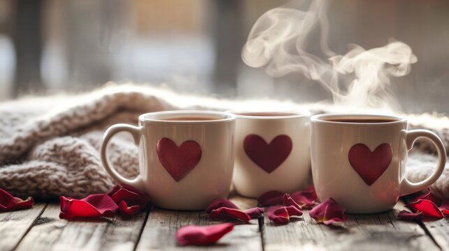 Two cups of steaming coffee in heart-shaped mugs on a wooden table, decorated with rose petals and cozy blankets for a Valentines morning feel