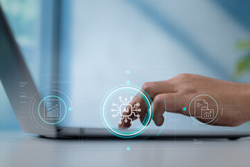 Futuristic AI Data Interface with User Interaction on Laptop in a Modern Workspace