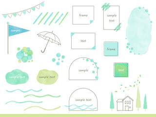 Naklejka premium 爽やかなブルー系の水彩風フレーム背景イラスト素材セット