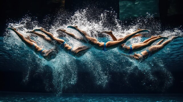 Synchronized Swimmers Diving Underwater Splashing