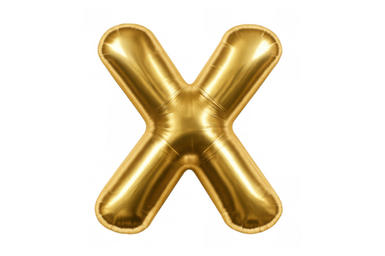 Golden metallic balloon letter x floating, highlighting festive typography against transparent backdrop, ideal for graphic design projects