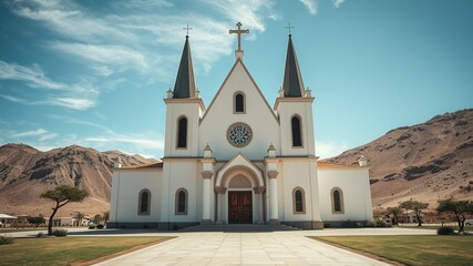 Naklejka premium Felsenkirche Luderitz Namibia, Evangelical Lutheran Church, Stunning Architectural Photography, African Landscape, Bright Colors, High Definition