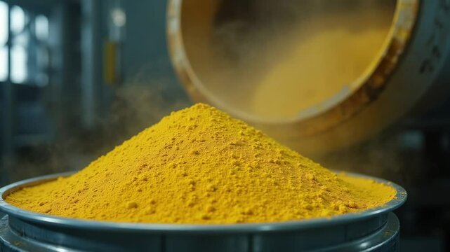 Yellowcake uranium oxide powder in industrial container at uranium processing facility


