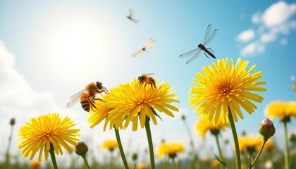 Bright yellow dandelions, two bees, and a dragonfly against a sunny sky Hello Summer banner illustration, insects, floral