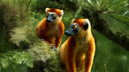 Group of golden lemurs in lush green rainforest environment climbing on mossy branches and looking around