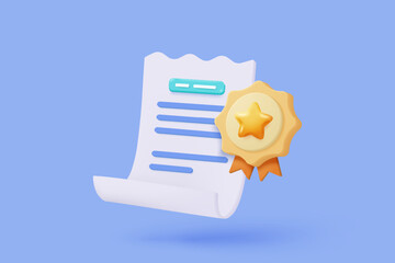 3d winner medal with star and ribbon on certificate. Quality guarantee of product champion award with cartoon minimal style. 3d winning rating icon vector rendering illustration