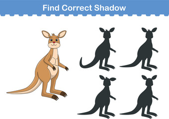 Funny cartoon kangaroo. find the correct shadow. Kids Education games. Cartoon vector illustration
