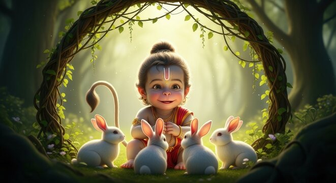 Baby hanuman with rabbits in forest hindu god india spiritual deity adorable