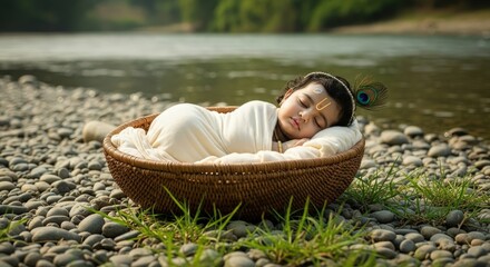 Sleeping krishna baby hindu god basket river stones nature peaceful adorable