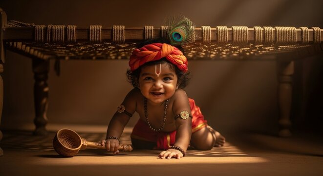 Baby krishna adorable child hindu god indian culture deity mythology turban art