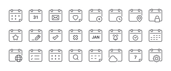 Calendar line icons set. Outline web icons. Editable stroke