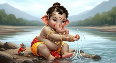 Baby ganesha playing water river hindu god mouse friend nature illustration