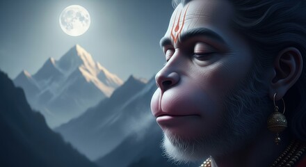 Hanuman hindu god devotion india spiritual faith mountains moon mythology art