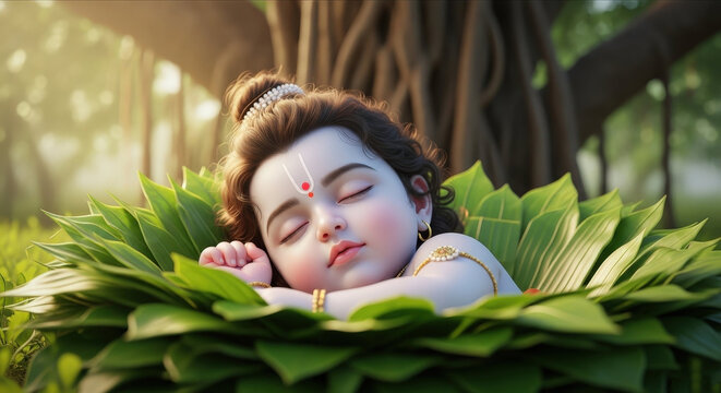 Sleeping krishna baby hindu god divine child bal krishna cute infant leaves art
