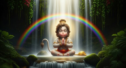 Hanuman meditating waterfall rainbow hinduism spirituality divine peace yoga