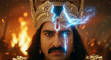 Powerful indian warrior with crown lightning fire battle fantasy character art