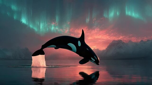 Majestic orca leaps under shimmering aurora borealis, creating a breathtaking arctic spectacle