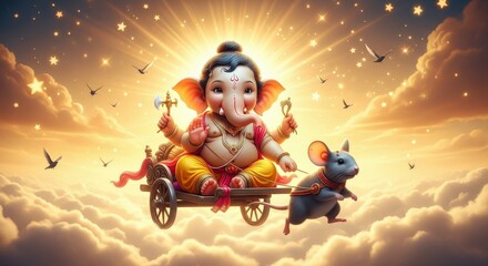 Baby ganesha hindu god elephant mouse chariot clouds stars sky divine cute art