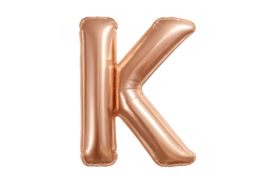 Rose gold metallic balloon letter k floating against transparent backdrop, ideal for festive styling and digital graphic design