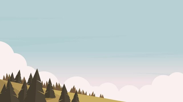 Minimalist flat design forest landscape with rolling hills and pastel sky cartoon animation background