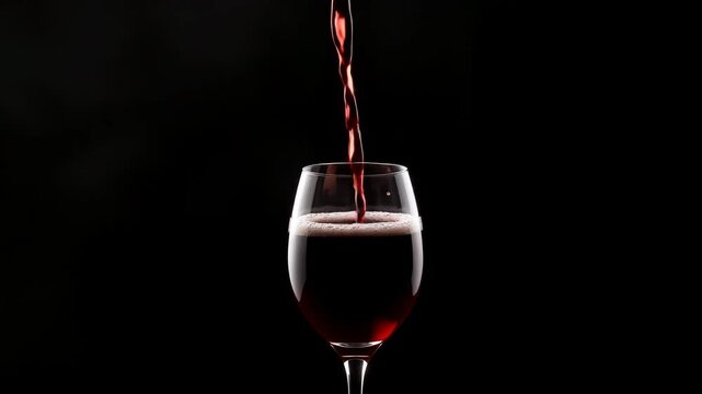 Red wine being poured into a glass against a black background  