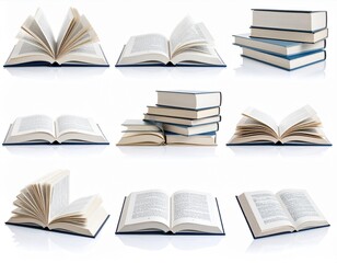 Fototapeta premium Collection of Open and Stacked Books Isolated on White Background Perfect for Education Reading and Literature Concepts