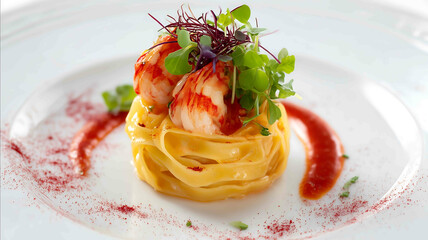 Elegant tagliatelle pasta nest topped with two butterpoached scampi tails garnished with microgreens and red powder tomato reduction base white fine dini