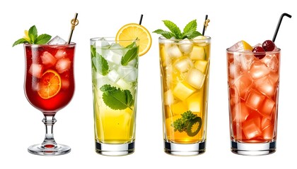 Moscow Mule, Mint Julep, Caipirinha, Gin Rickey cocktail PNG set bundle, transparent isolated background. Mixology, bar menu cocktails, colorful vibrant refreshing drink with garnis