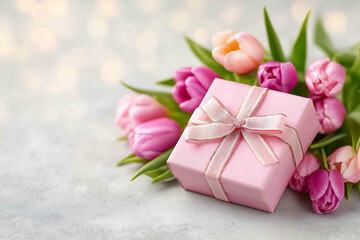 Directly above view of an elegant pink gift package secured with a ribbon displayed with a delightful tulip bloom assortment considerable space for text