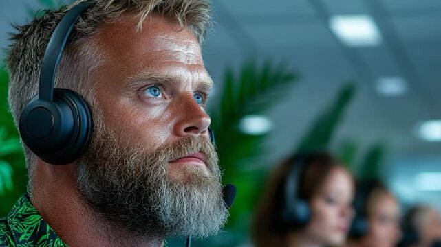 Focused Professional in Headset, Modern Office